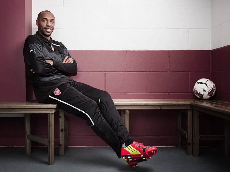 Thierry Henry for PUMA photographed at Leyton Orient, December 2013. Wearing PUMA evoSPEED FG