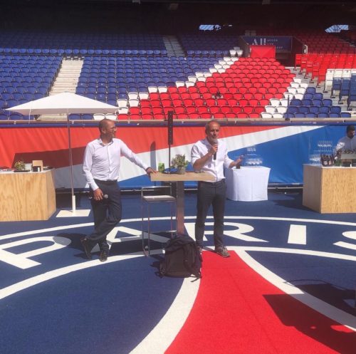 Intervention de Stéphane Bensimon, président de Wojo, lors de la Garden Party de présentation de l'opération, vendredi 3 septembre 2021 sous le soleil du Parc des Princes