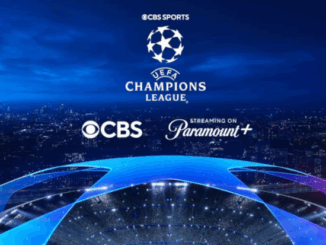 Logo Paramount+ avec le trophée de la Ligue des Champions UEFA, illustrant le renouvellement des droits de diffusion