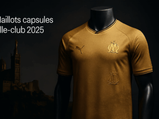 Maillots capsules ville-club 2025 : maillot doré premium inspiré de Marseille avec basilique en fond.