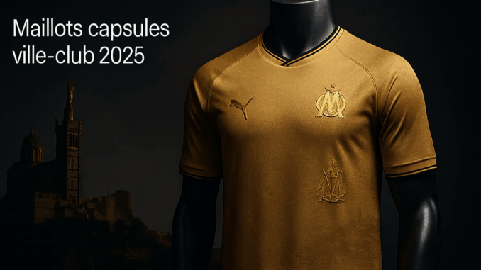 Maillots capsules ville-club 2025 : maillot doré premium inspiré de Marseille avec basilique en fond.