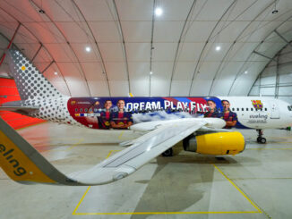 Airbus A320 Vueling aux couleurs du Barça Féminin « Dream, Play, Fly » dans le hangar