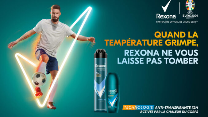 Olivier Giroud, illustrant la stratégie sponsoring sportif de Rexona et le lien entre marque et performance.