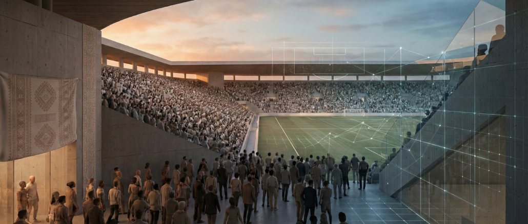 Marketing sportif 2025 : un stade moderne illustrant l’intégration des marques, de la data et de l’expérience fan dans l’écosystème sportif