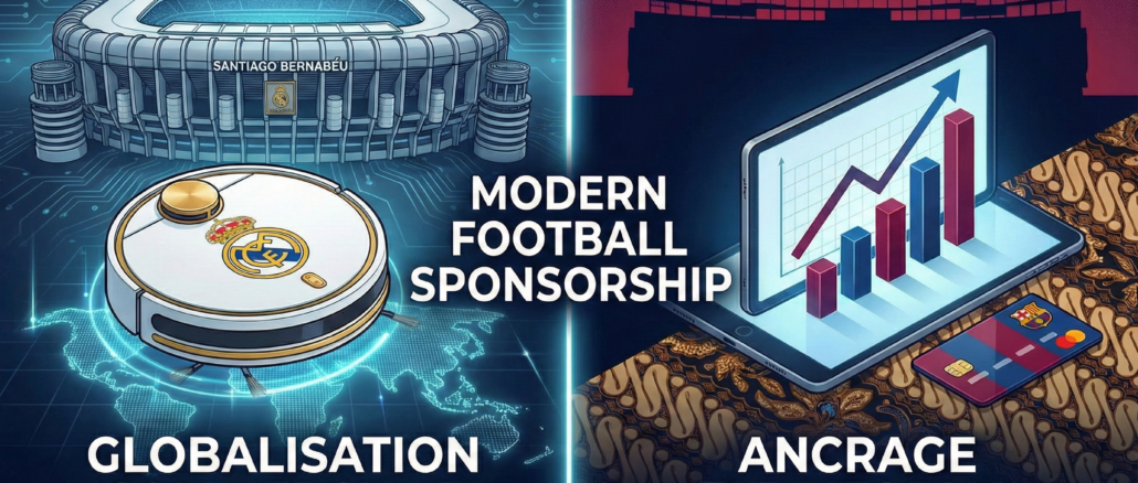 Infographie illustrant la diversification du sponsoring au Real Madrid (Globalisation Commerciale) et au FC Barcelone (Ancrage Territorial) avec Roborock et Bank Rakyat Indonesia.