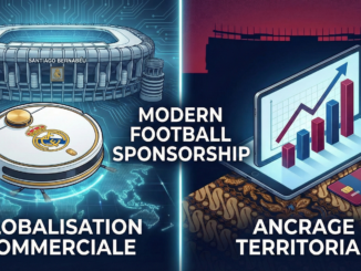 Infographie illustrant la diversification du sponsoring au Real Madrid (Globalisation Commerciale) et au FC Barcelone (Ancrage Territorial) avec Roborock et Bank Rakyat Indonesia.
