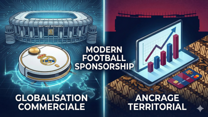 Infographie illustrant la diversification du sponsoring au Real Madrid (Globalisation Commerciale) et au FC Barcelone (Ancrage Territorial) avec Roborock et Bank Rakyat Indonesia.