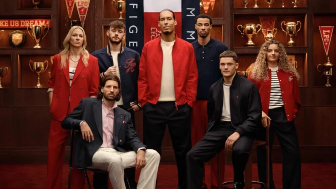 Virgil van Dijk et les joueurs de Liverpool portant la collection Tommy Hilfiger dans un des salons d'Anfield.