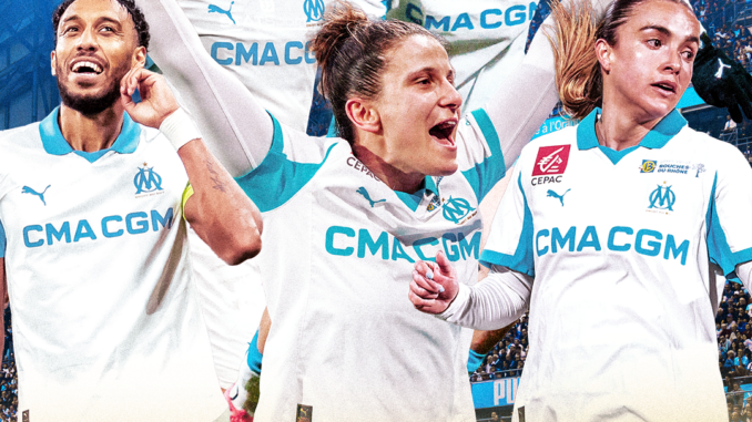 Joueurs et joueuses de l’Olympique de Marseille dans le cadre de l’opération OM FDJ UNITED Buts pour Elles en soutien au football féminin