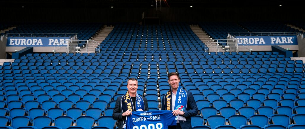 Marc Keller et Nicolas Mack au stade de la Meinau pour le renouvellement du partenariat Europa-Park et Racing Club de Strasbourg jusqu’en 2028