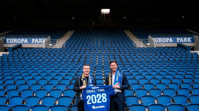 Marc Keller et Nicolas Mack au stade de la Meinau pour le renouvellement du partenariat Europa-Park et Racing Club de Strasbourg jusqu’en 2028