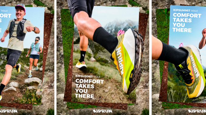 Deux coureurs KIPRUN en mouvement sur un sentier de montagne illustrant la performance terrain