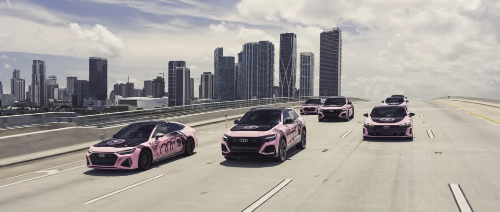 Visuel officiel du partenariat Inter Miami CF x Audi présentant le logo des véhicules Audi sur une autoroute représentative de la ville de Miami.