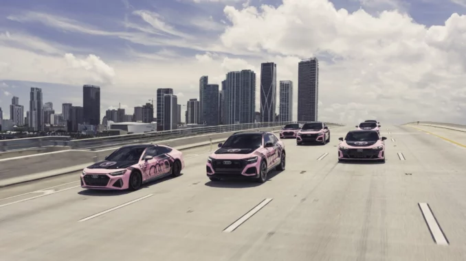 Visuel officiel du partenariat Inter Miami CF x Audi présentant le logo des véhicules Audi sur une autoroute représentative de la ville de Miami.