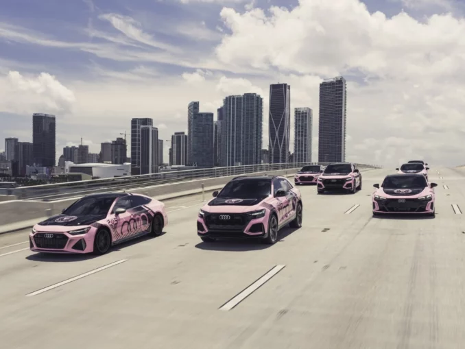 Visuel officiel du partenariat Inter Miami CF x Audi présentant le logo des véhicules Audi sur une autoroute représentative de la ville de Miami.