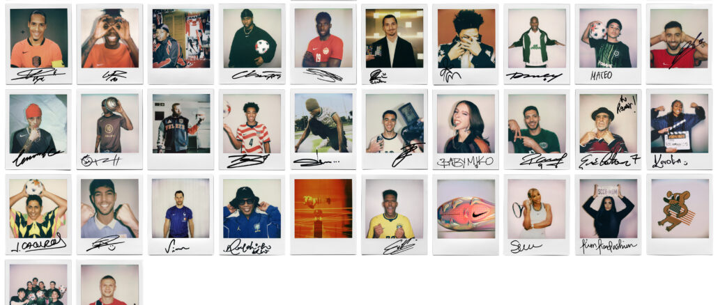 Collage des 42 photos Polaroid du casting Nike pour la campagne Coupe du Monde 2026 Time to go off script