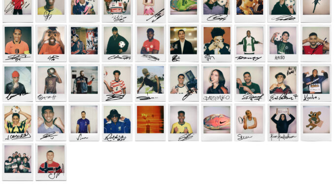 Collage des 42 photos Polaroid du casting Nike pour la campagne Coupe du Monde 2026 Time to go off script
