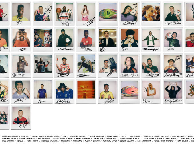 Collage des 42 photos Polaroid du casting Nike pour la campagne Coupe du Monde 2026 Time to go off script