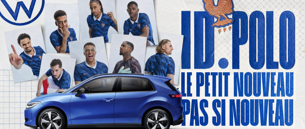 Visuel de campagne Volkswagen ID. Polo « Le petit nouveau, pas si nouveau » avec les joueurs de l'Équipe de France de football pour le Mondial 2026