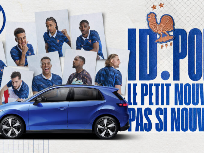 Visuel de campagne Volkswagen ID. Polo « Le petit nouveau, pas si nouveau » avec les joueurs de l'Équipe de France de football pour le Mondial 2026