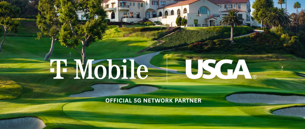 Visuel officiel du partenariat T-Mobile x USGA avec les logos des deux partenaires et la mention Official 5G Network Partner, sur fond du parcours du Riviera Country Club