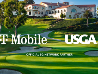 Visuel officiel du partenariat T-Mobile x USGA avec les logos des deux partenaires et la mention Official 5G Network Partner, sur fond du parcours du Riviera Country Club