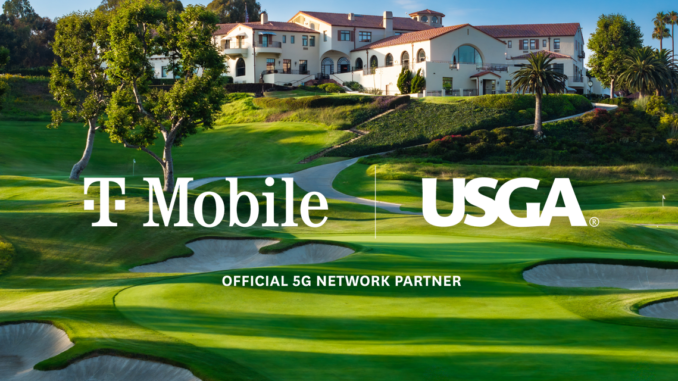 Visuel officiel du partenariat T-Mobile x USGA avec les logos des deux partenaires et la mention Official 5G Network Partner, sur fond du parcours du Riviera Country Club
