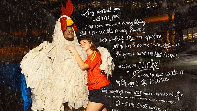 Unilever Coupe du Monde 2026 : l'affiche AXE « Smell Your Best When You Look Your Worst » avec un supporter français déguisé en coq, illustrant la stratégie de marque face à Dove