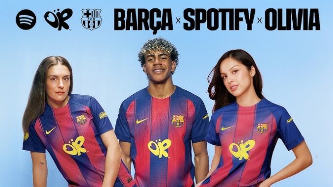 Maillot spécial du FC Barcelona avec Olivia Rodrigo à la place du logo Spotify pendant El Clásico