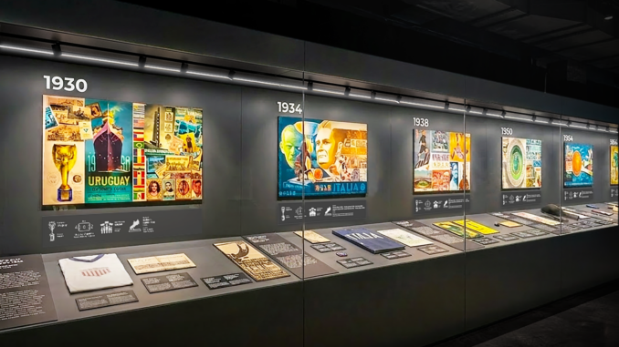 Scénographie de l'exposition Legacies of Champions présentant la chronologie des Coupes du Monde de la FIFA depuis 1930 au Rockefeller Center