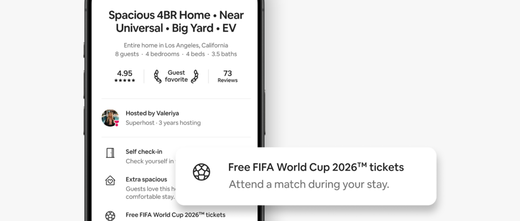 Annonce Airbnb d'un logement à Los Angeles affichant le badge « Free FIFA World Cup 2026 tickets » — les billets Airbnb du Mondial 2026 inclus dans la réservation