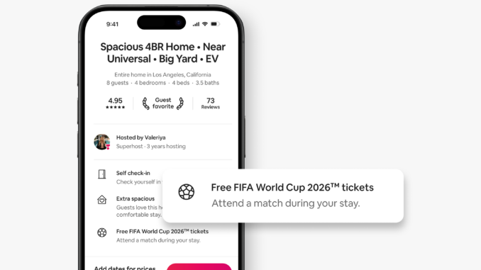 Annonce Airbnb d'un logement à Los Angeles affichant le badge « Free FIFA World Cup 2026 tickets » — les billets Airbnb du Mondial 2026 inclus dans la réservation