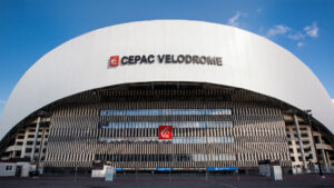 Façade du Vélodrome avec la signalétique CEPAC Vélodrome — naming OM 2026