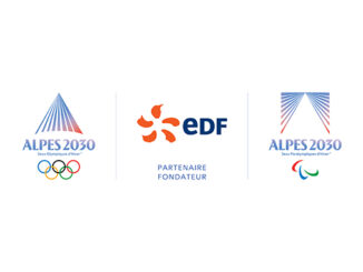Logos Alpes 2030 des Jeux Olympiques et Paralympiques d'hiver encadrant le logo EDF, partenaire fondateur du sponsoring des Jeux d'hiver