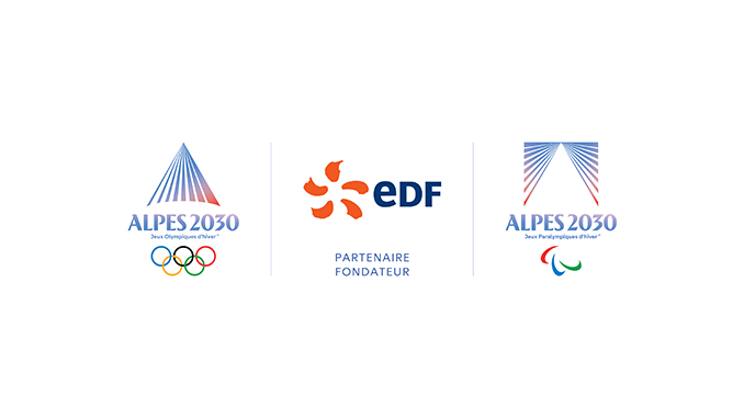 Logos Alpes 2030 des Jeux Olympiques et Paralympiques d'hiver encadrant le logo EDF, partenaire fondateur du sponsoring des Jeux d'hiver