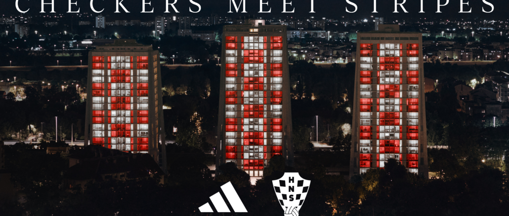 Campagne adidas x HNS « Checkers Meet Stripes » : tours de Split illuminées en damier croate rouge et blanc