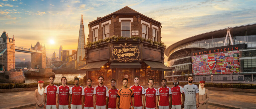 Effectif d'Arsenal en maillot Emirates devant l'Emirates Stadium, visuel du renouvellement du partenariat jusqu'en 2033