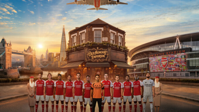 Effectif d'Arsenal en maillot Emirates devant l'Emirates Stadium, visuel du renouvellement du partenariat jusqu'en 2033