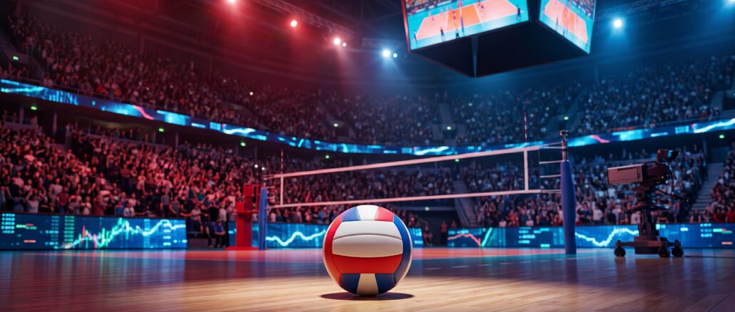 Ballon de volleyball dans une arena illustrant le sponsoring et la diffusion de l’EuroVolley 2026