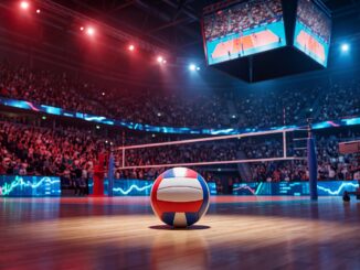 Ballon de volleyball dans une arena illustrant le sponsoring et la diffusion de l’EuroVolley 2026