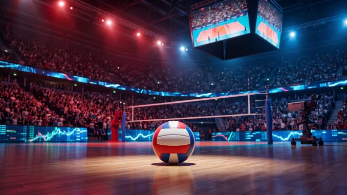 Ballon de volleyball dans une arena illustrant le sponsoring et la diffusion de l’EuroVolley 2026