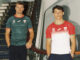 Deux joueurs du Biarritz Olympique portent les maillots domicile et extérieur 2026-2027 dans l'escalier de l'Hôtel du Palais
