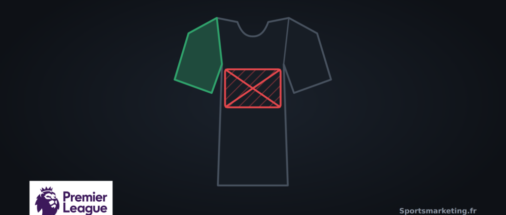 Maillot de football avec l'emplacement du sponsor de face avant barré, illustrant la fin des sponsors maillot Premier League issus des paris sportifs