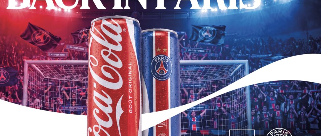 Visuel de campagne Coca-Cola PSG « Back in Paris » avec la canette collector aux couleurs du Paris Saint-Germain