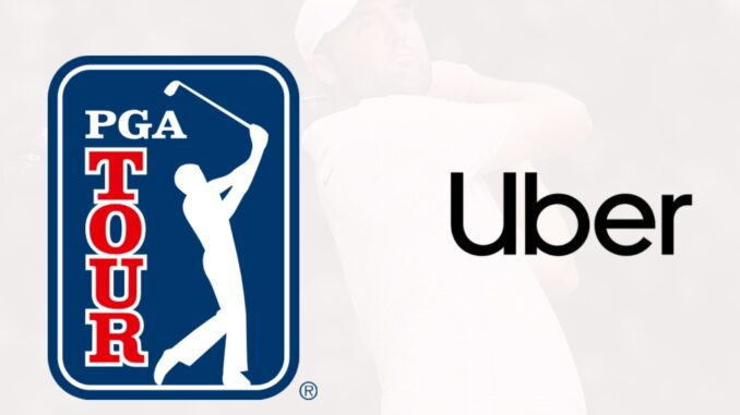 Logos du PGA TOUR et d'Uber côte à côte devant la silhouette d'un golfeur, à l'annonce du partenariat du 24 août 2026