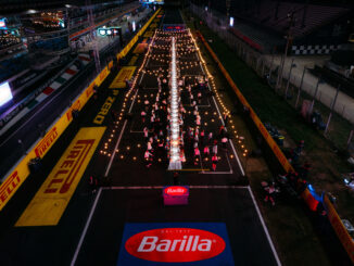 Table de 100 mètres dressée par Barilla sur la grille de départ du circuit de Monza, le 3 septembre 2026, avant le Grand Prix d'Italie de Formule 1