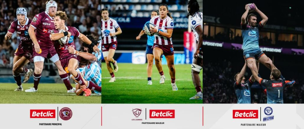 Joueurs de l'UBB, des Lionnes du Stade Bordelais et de l'UBB Sevens en match, avec les logos Betclic et des trois équipes