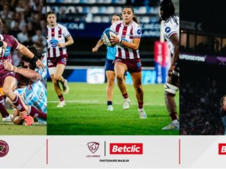 Joueurs de l'UBB, des Lionnes du Stade Bordelais et de l'UBB Sevens en match, avec les logos Betclic et des trois équipes