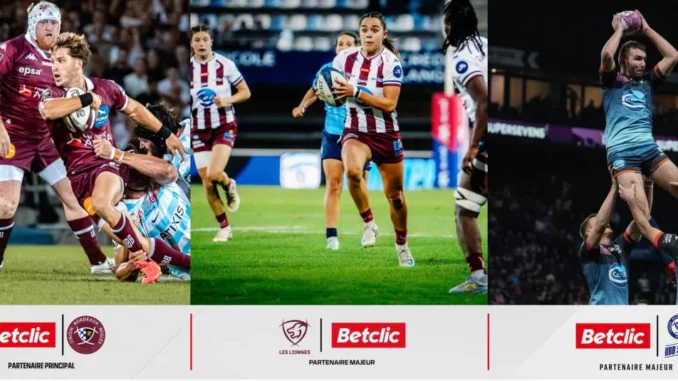 Joueurs de l'UBB, des Lionnes du Stade Bordelais et de l'UBB Sevens en match, avec les logos Betclic et des trois équipes