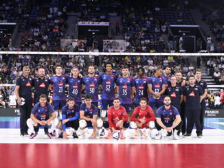 Les joueurs de l'équipe de France de volley lors du match France - Brésil à l'Adidas Arena de Paris